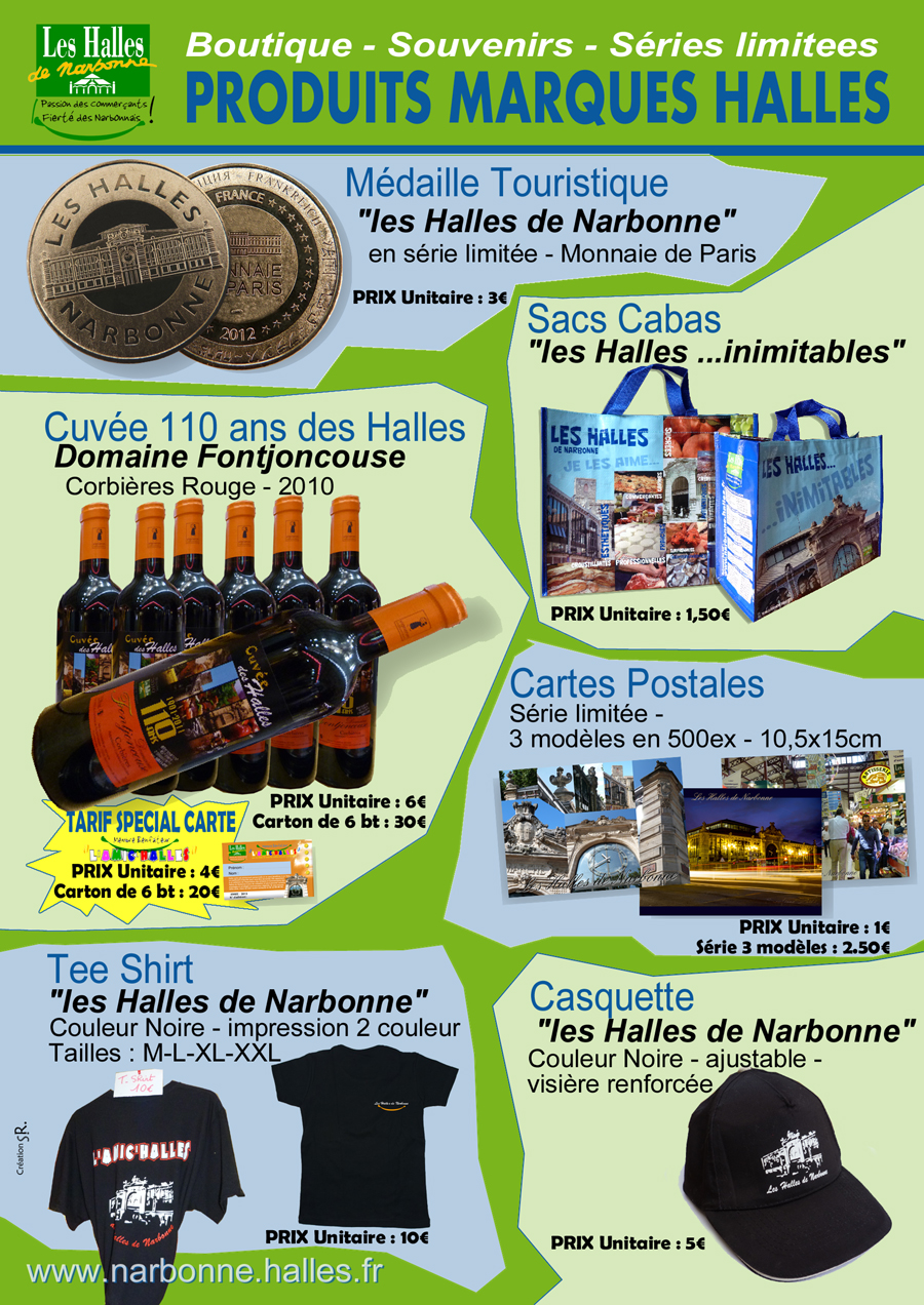 produits_derives_Halles_narbonne-tee-shirt_casquette_cuvee-110ans_jeton_monnaie_de_paris_cabas